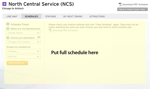 Screenshot of Metra's landing page for a schedule with a suggestion of including the full schedule