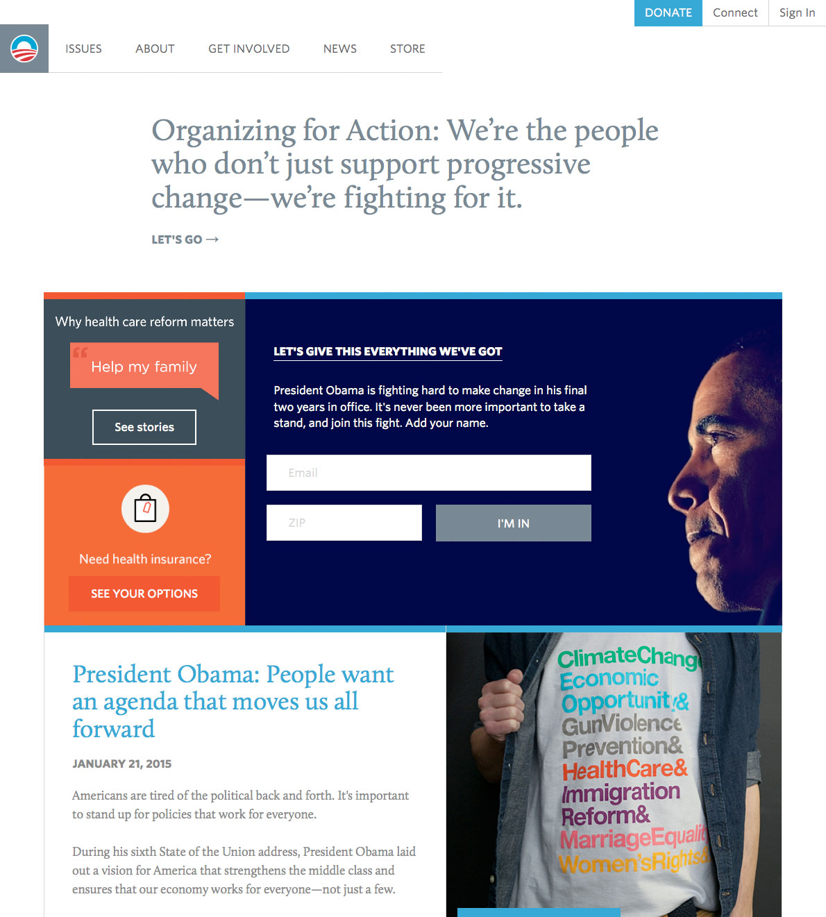 Screenshot of the 2015 Organizing for America website