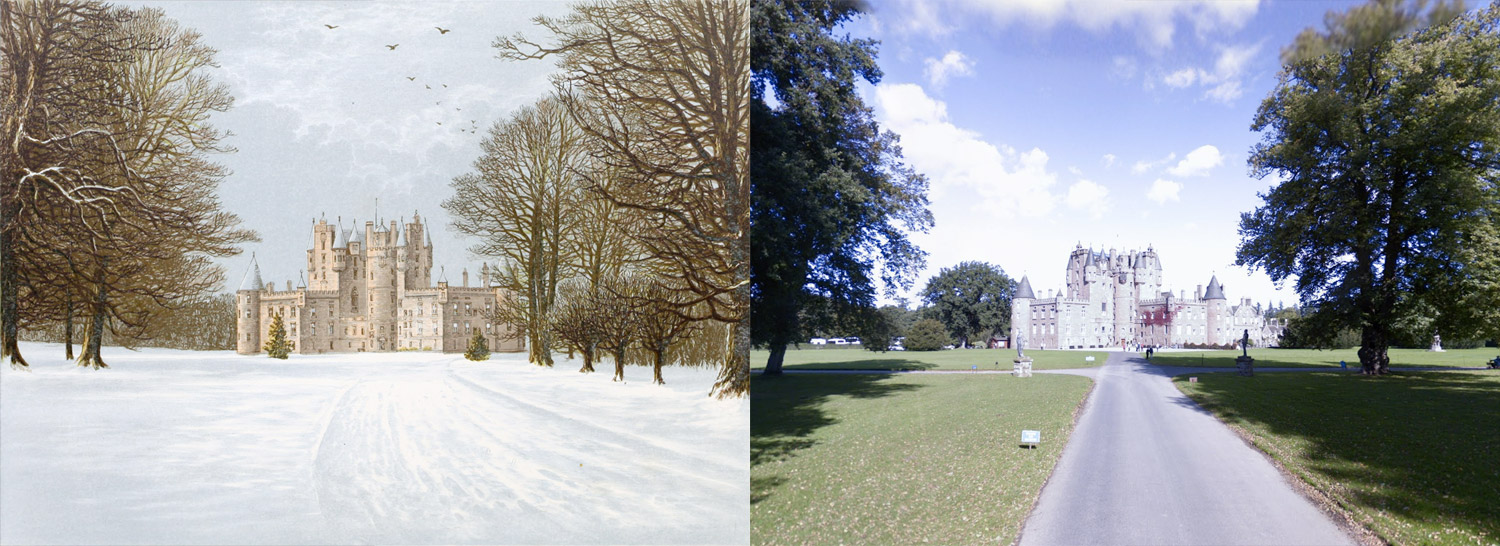 Side-by-side views of illustration and photo from Google Street View of Glamis Castle