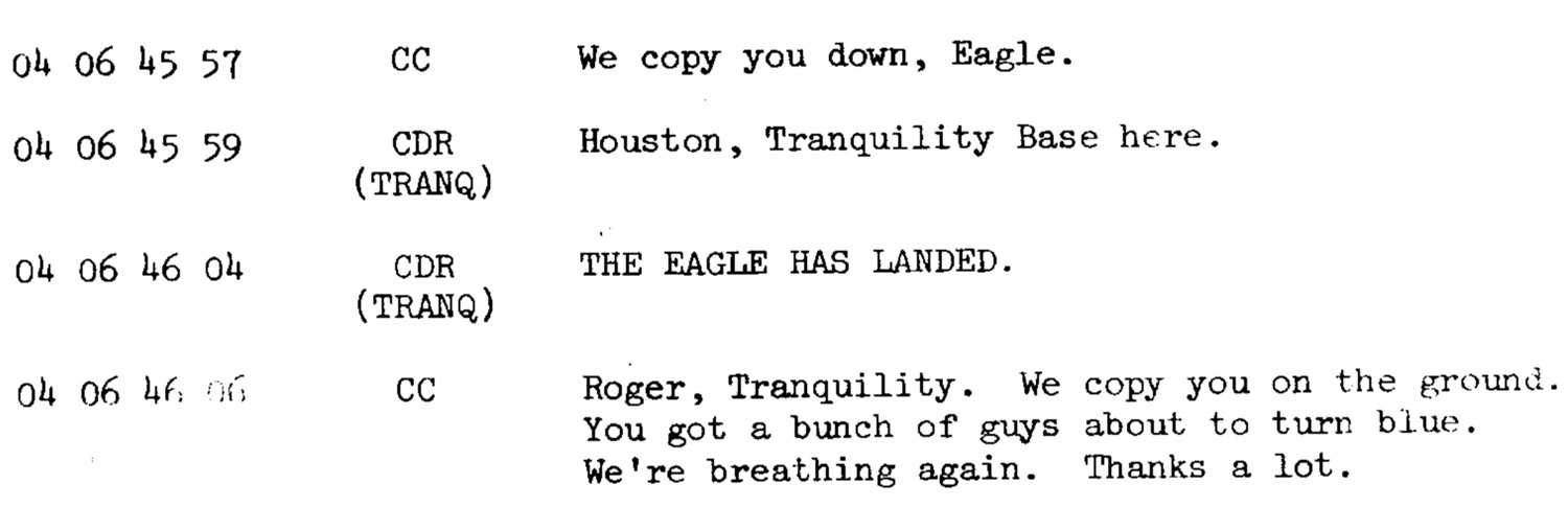 Crop of transcript with 'The Eagle has landed'