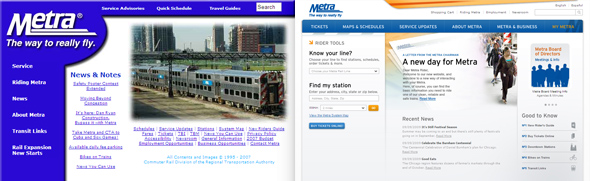 Screenshots of Metra's site: before (left) and after (right)