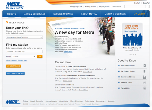 Screenshot of Metra's new home page