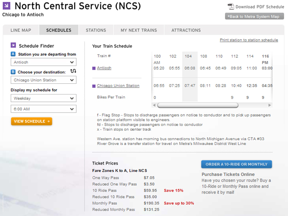 Screenshot of Metra's new schedule for the North Central Service