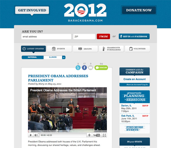 Screenshot of the 2012 re-election campaign site
