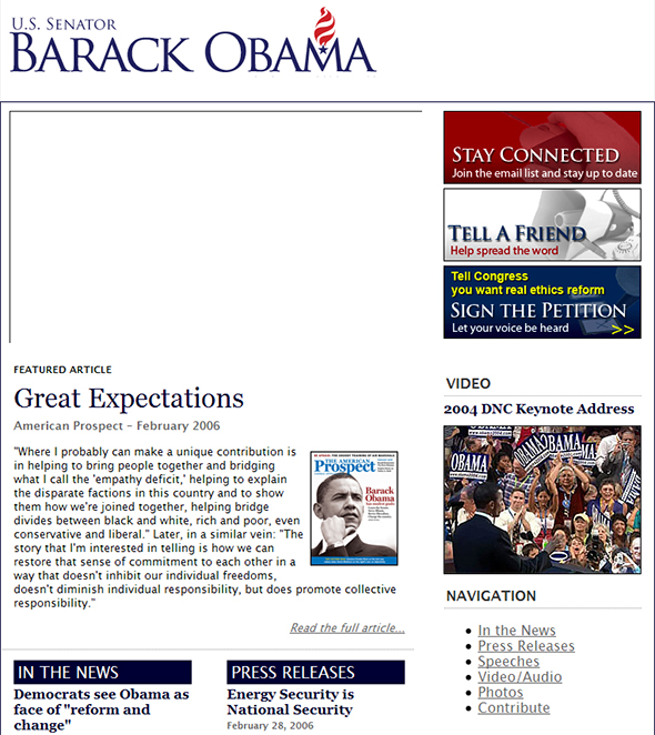 Screenshot of Senator Obama's site 2006