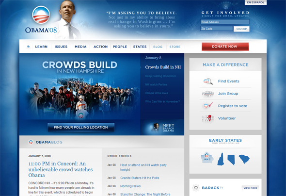 Screenshot of Obama's campaign redesign in early 2008