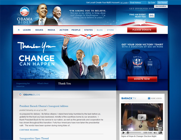 Screenshot of Obama's campaign site after winning the presidency