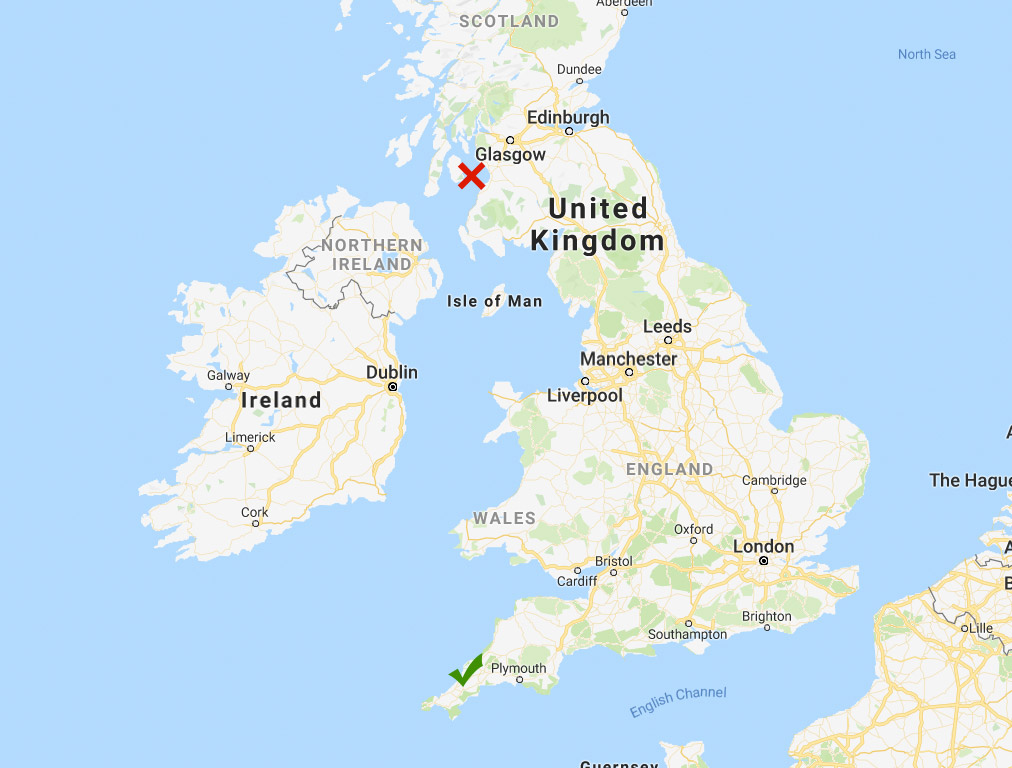 Map of the inital incorrect location of Carnanton House in the Firth of Clyde near Glasgow and the actual location near the southern tip of England