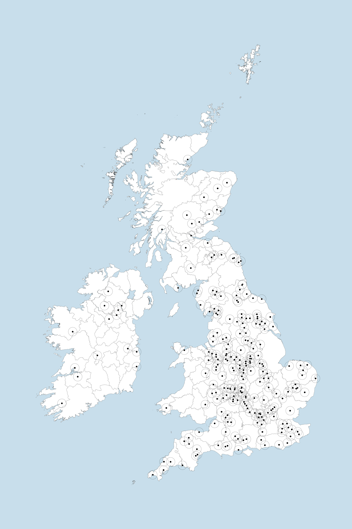 Map with larger circles around each point as placeholder for illustrations