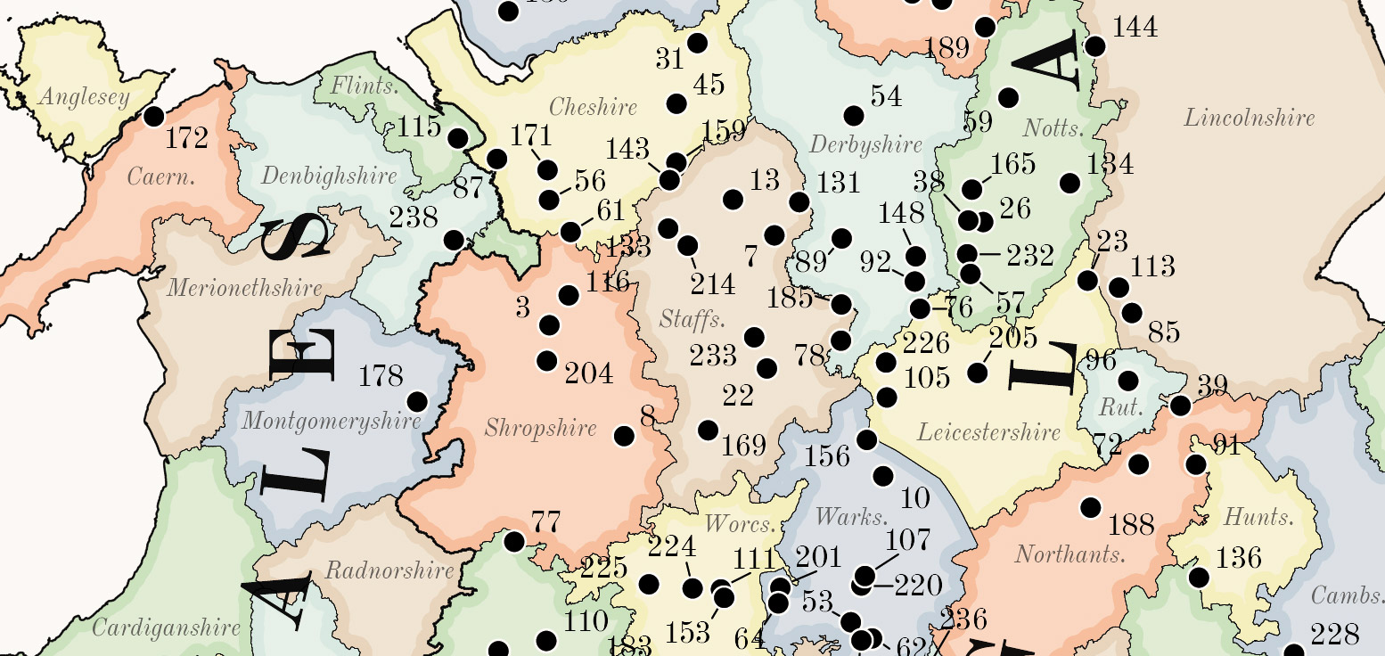 Closeup of dense cluster of locations in northern Wales and England