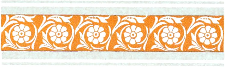 Ornate border comprising orange and light teal colors