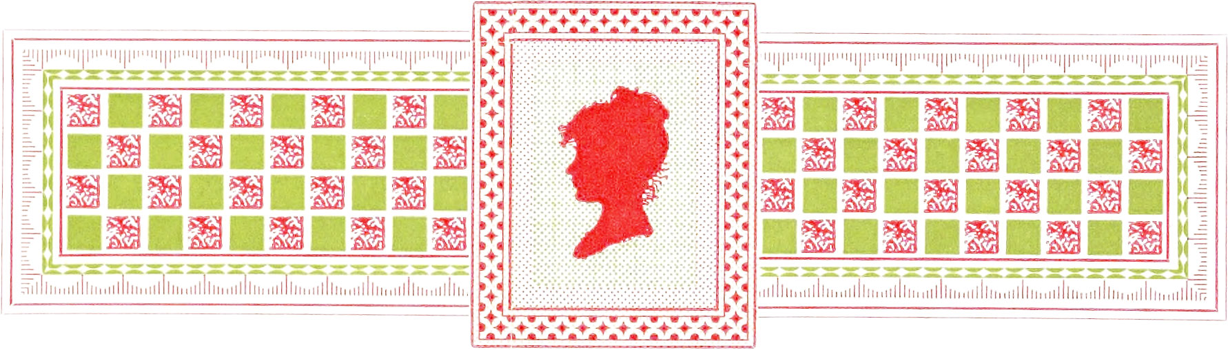 Checkered border with a female silhouette in the middle surrounded by a border comprising red and light green colors