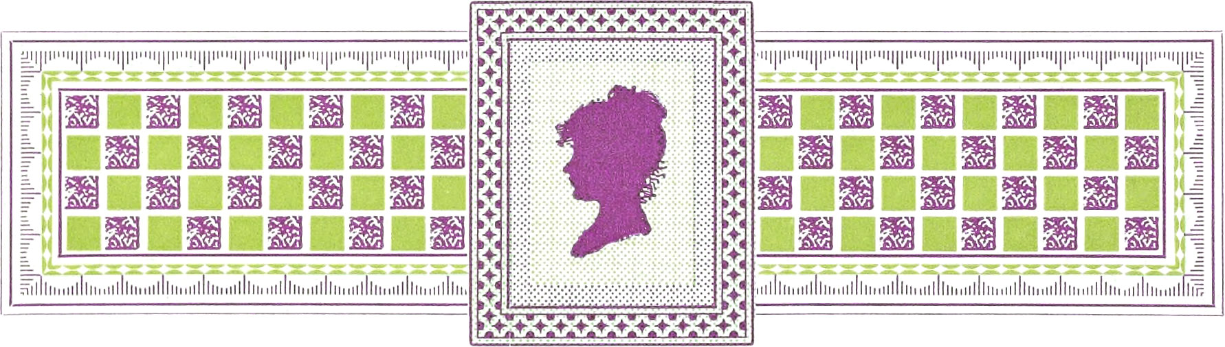 Checkered border with a female silhouette in the middle surrounded by a border comprising purple and green colors
