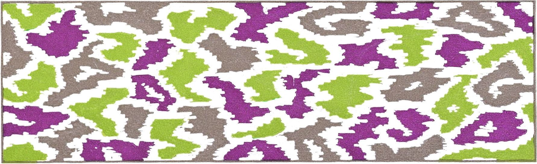 Camouflage-like pattern of purple, light green, and olive