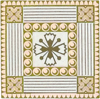 Ornate square comprising green tint, flesh tint, and gold colors