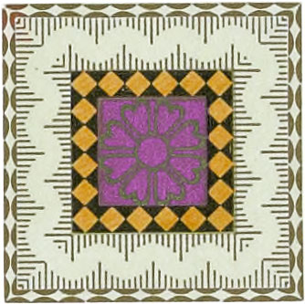 Ornate square comprising purple, sage-green, olive tint, gold, and black colors