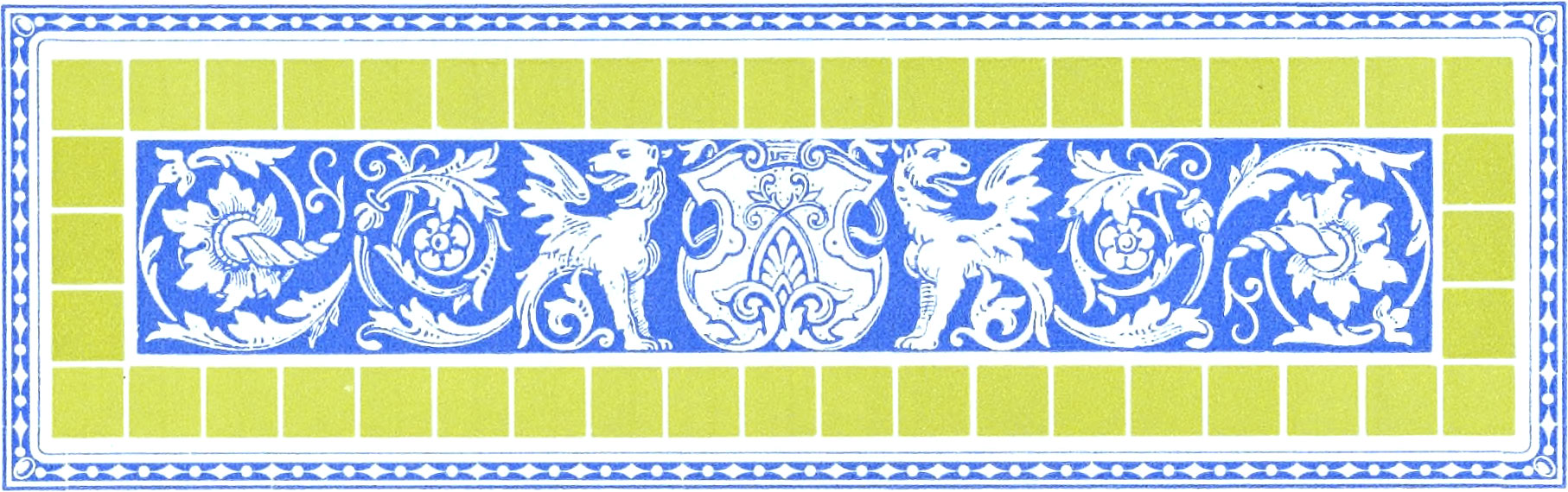 Ornate light blue horizontal graphic of griffins, a crest, and floral filigree bordered by green tiles and a blue border