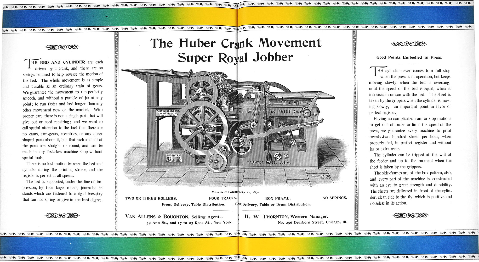 Two-page spread of an advertisement for the Huber Crank Movement Super Royal Jobber with borders at the top and bottom blending blue, green, and yellow