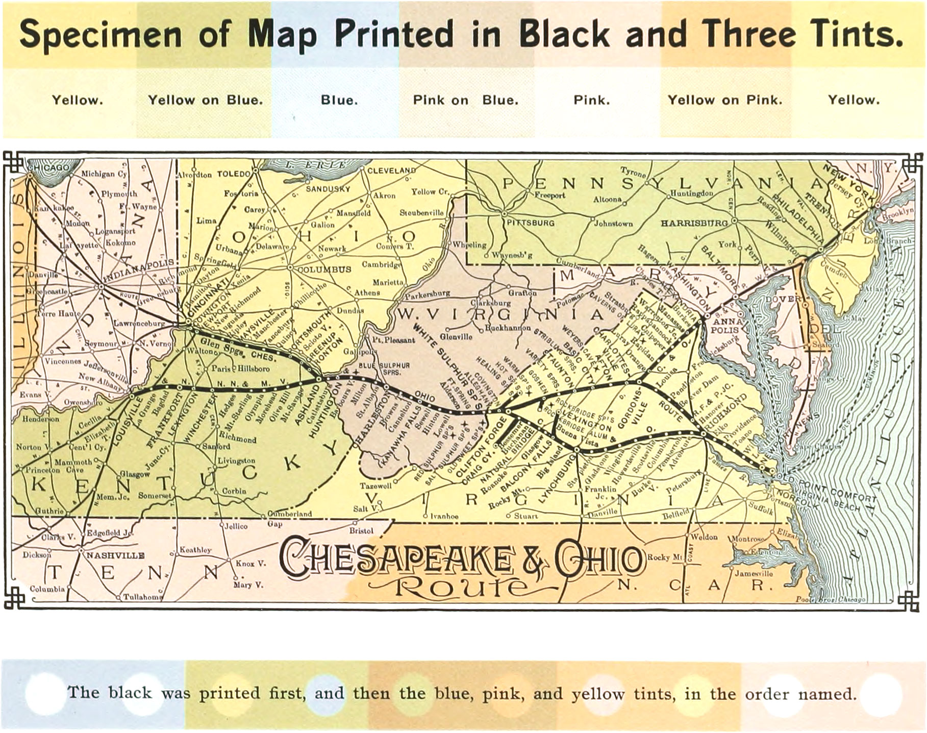 Specimen of a map of West Virginia and surrounding states printed in black and three tints