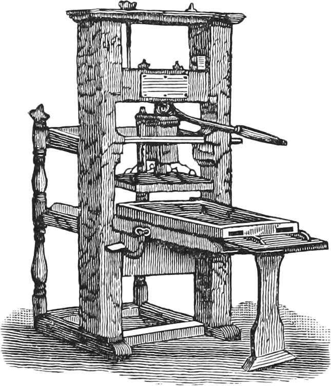 Engraving of a printing press