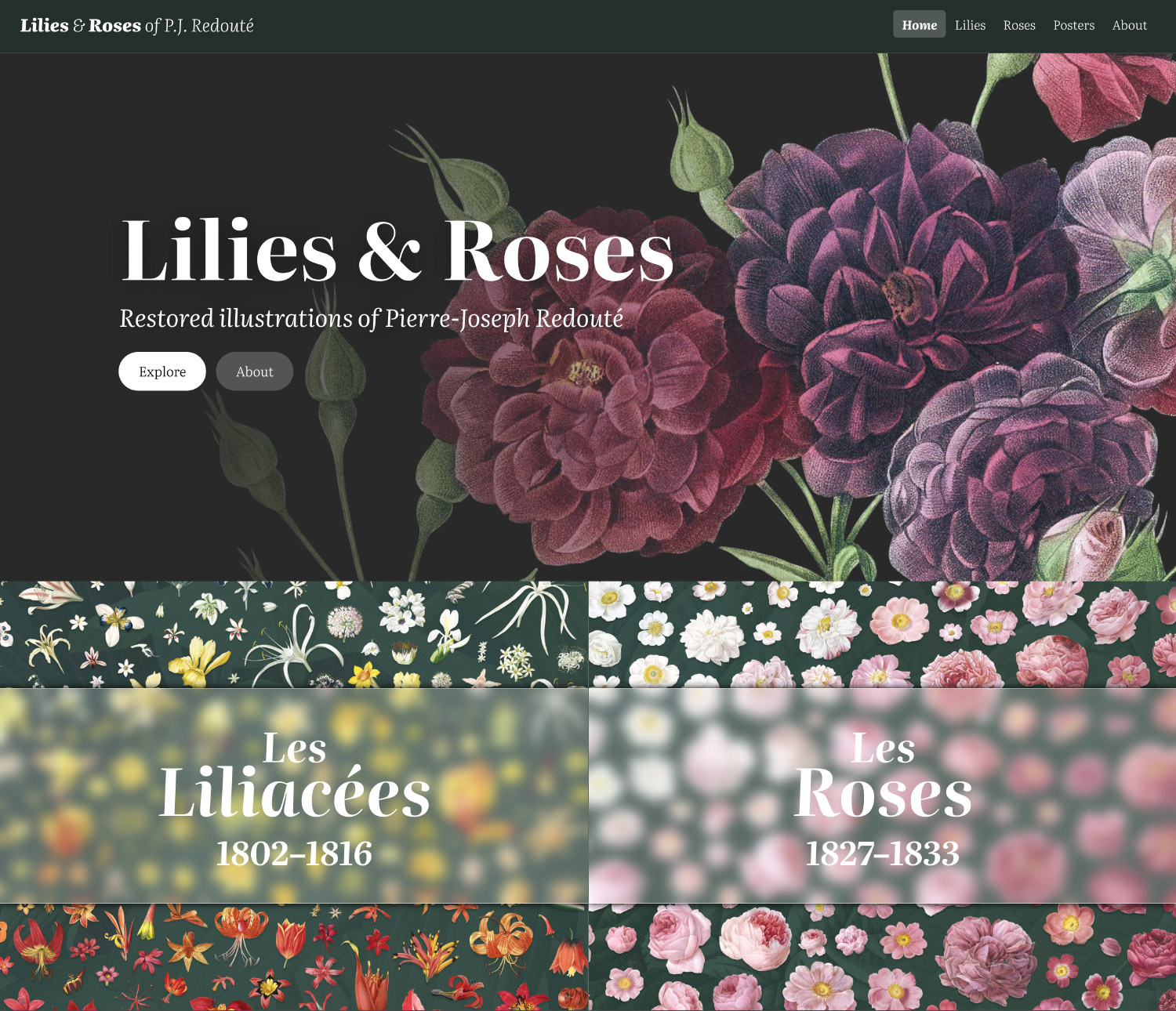 Screenshot of home page with rose featured